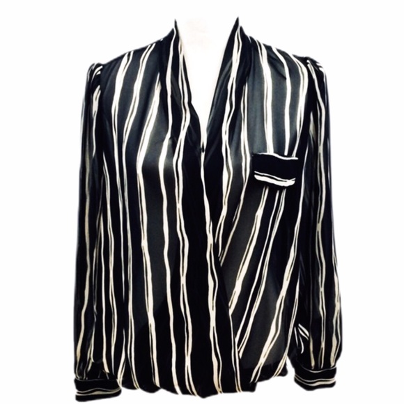Pleione Blouse Sheer Black White Striped Surplice - Picture 1 of 8